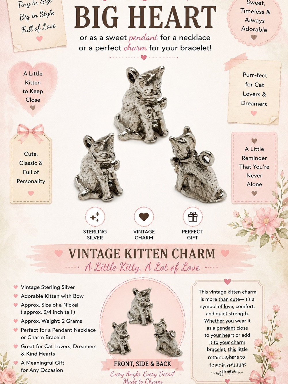 Vintage Kitten Charm Sterling Silver Pendant - Silver Kitten Trio